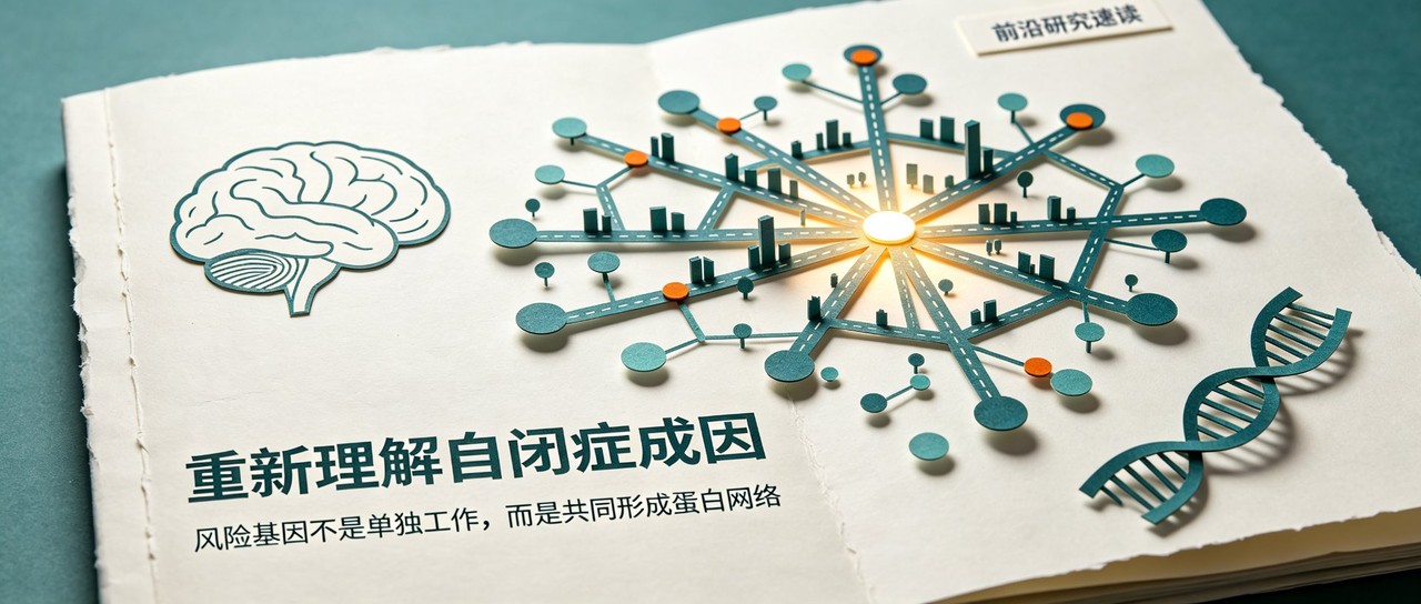 自闭症核心成因与蛋白网络示意图
